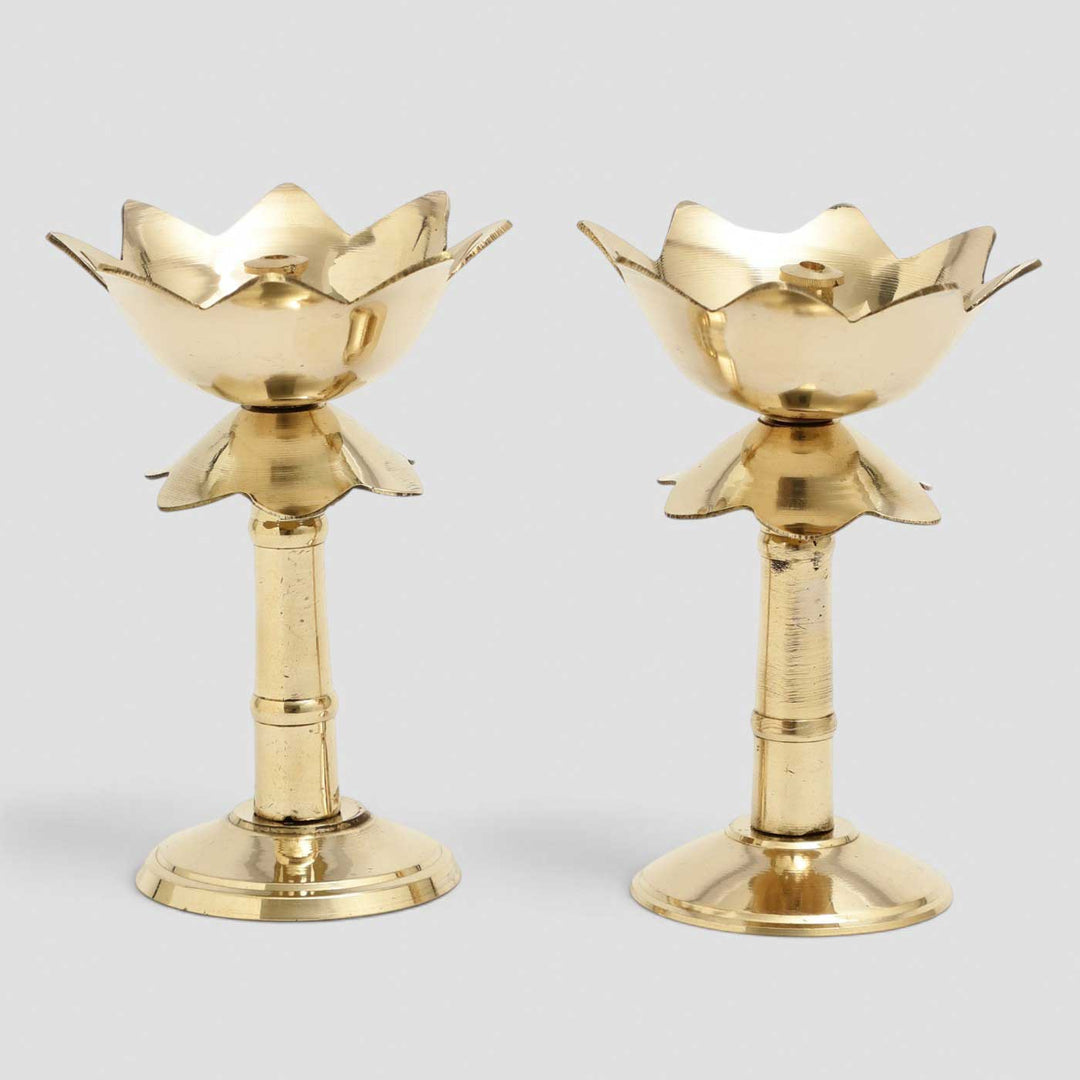 2 pc | Lotus Brass Oil Lamp With Pedestal Stand For Festive Decor