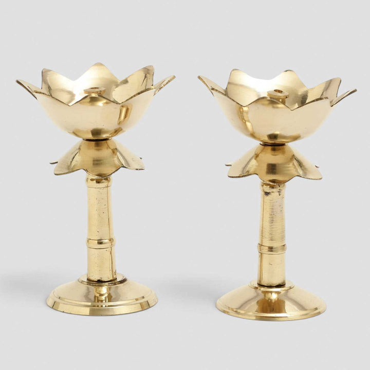 2 pc | Lotus Brass Oil Lamp With Pedestal Stand For Festive Decor