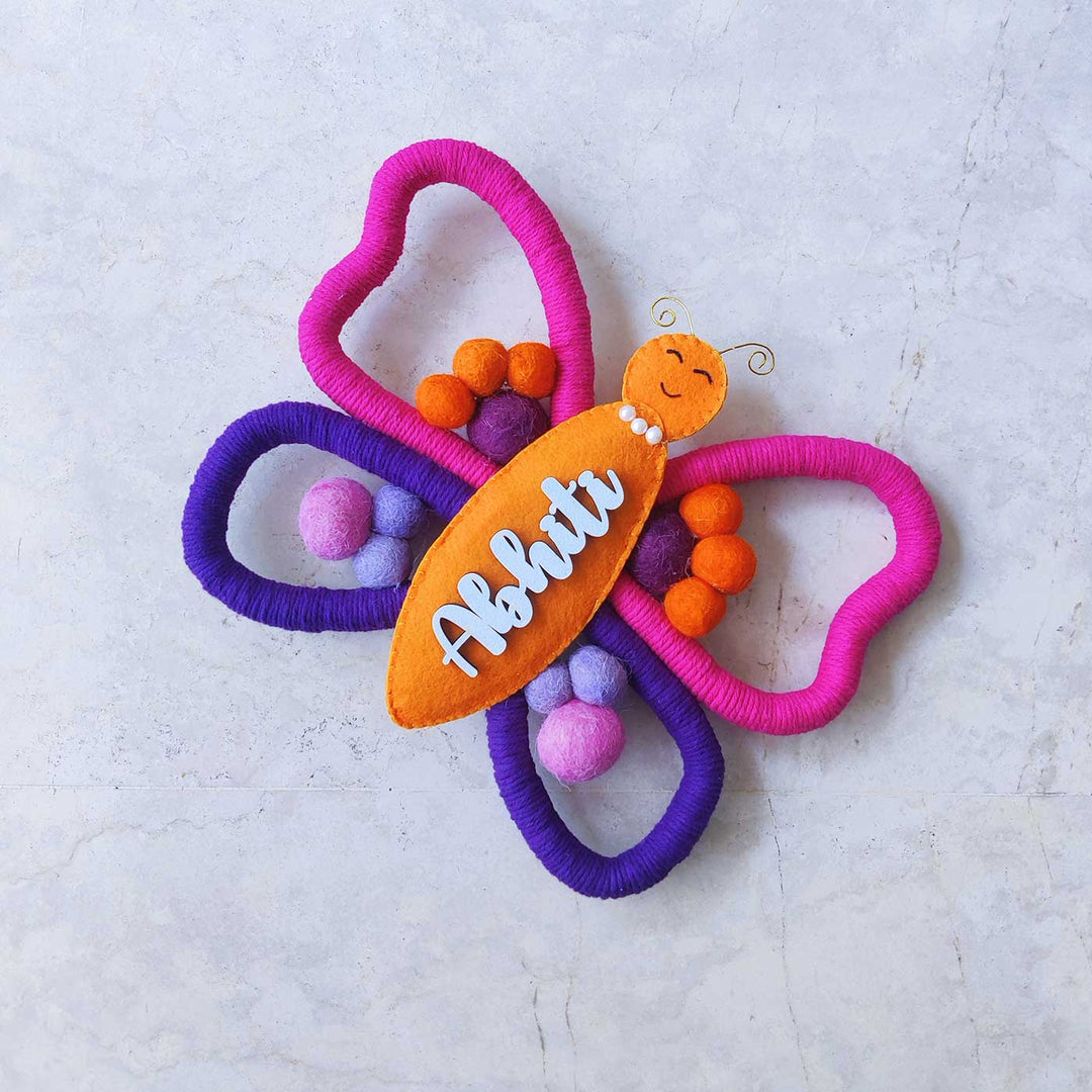 Personalized Handmade Macrame Butterfly Kids Name Plate With 3D Letters - Top View with Name Personalization