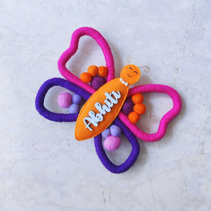 Personalized Handmade Macrame Butterfly Kids Name Plate With 3D Letters - Top View with Name Personalization