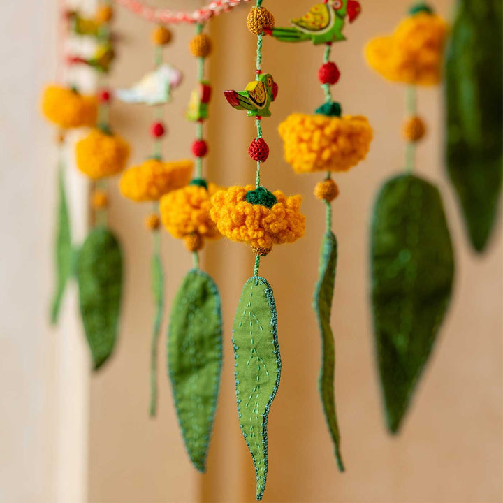 49 In | Intricate Realistic Crochet Ashok Patta Marigold And Parrot Cotton Toran