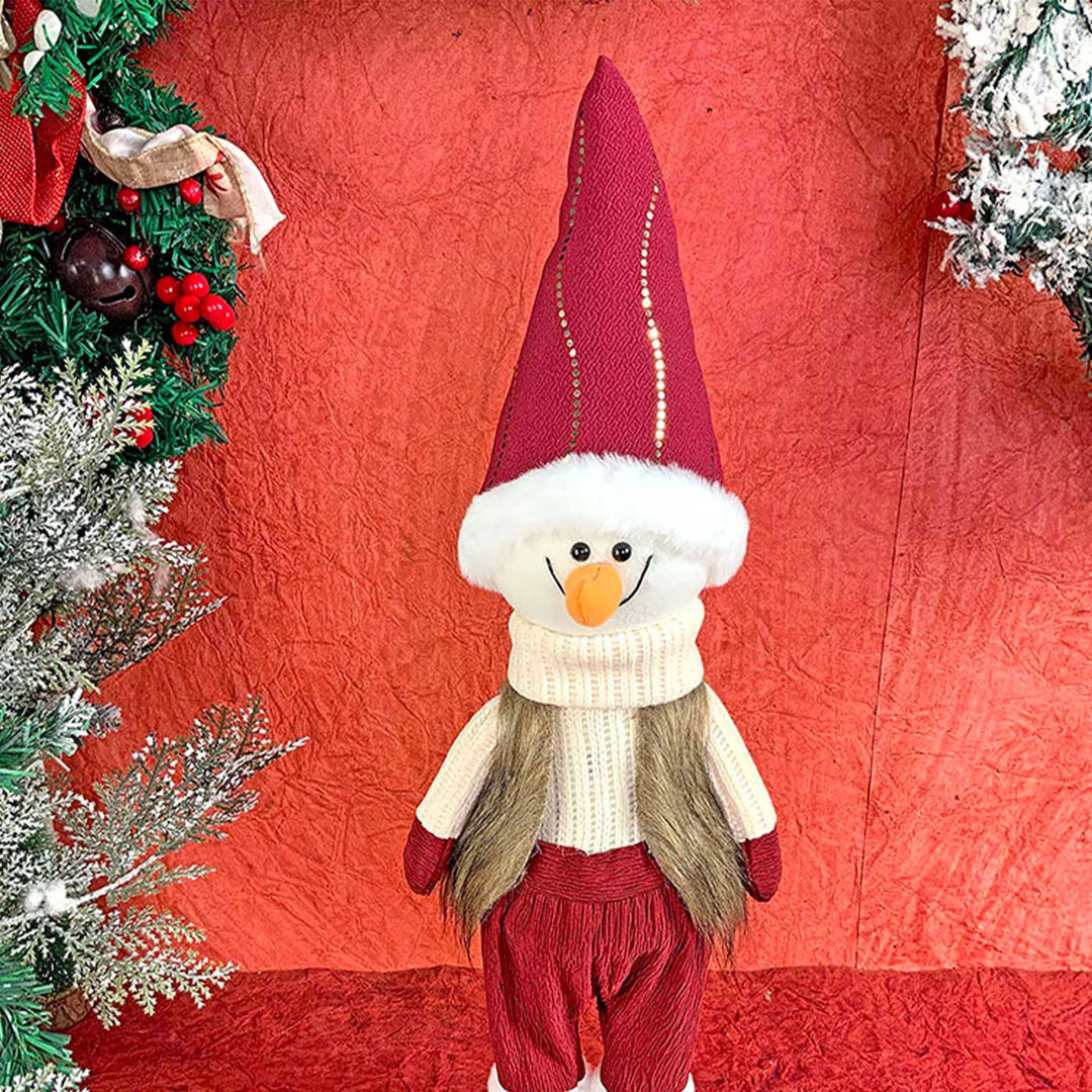 Cream Maroon Gold Self-Standing Snowman Woolen Decor For Christmas Table Decoration