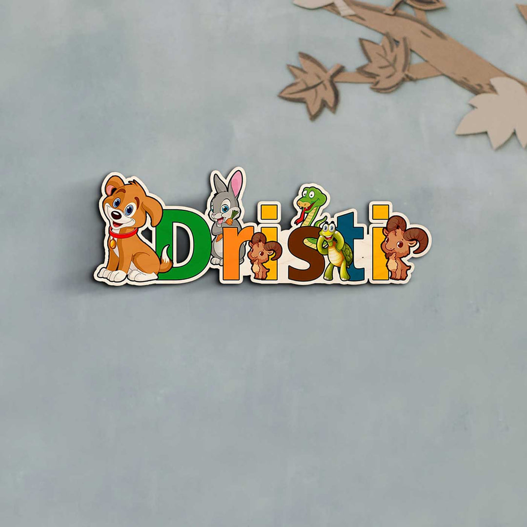 Kids Animal Theme Printed Name Plate 1 - Front View Mounted on Wall