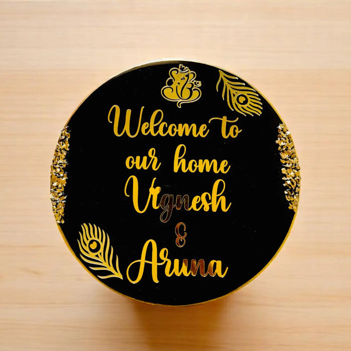 Black Feathers Personalized Round Resin Name Plate | With 3D Acrylic Letters & Gold Stone Embellishment