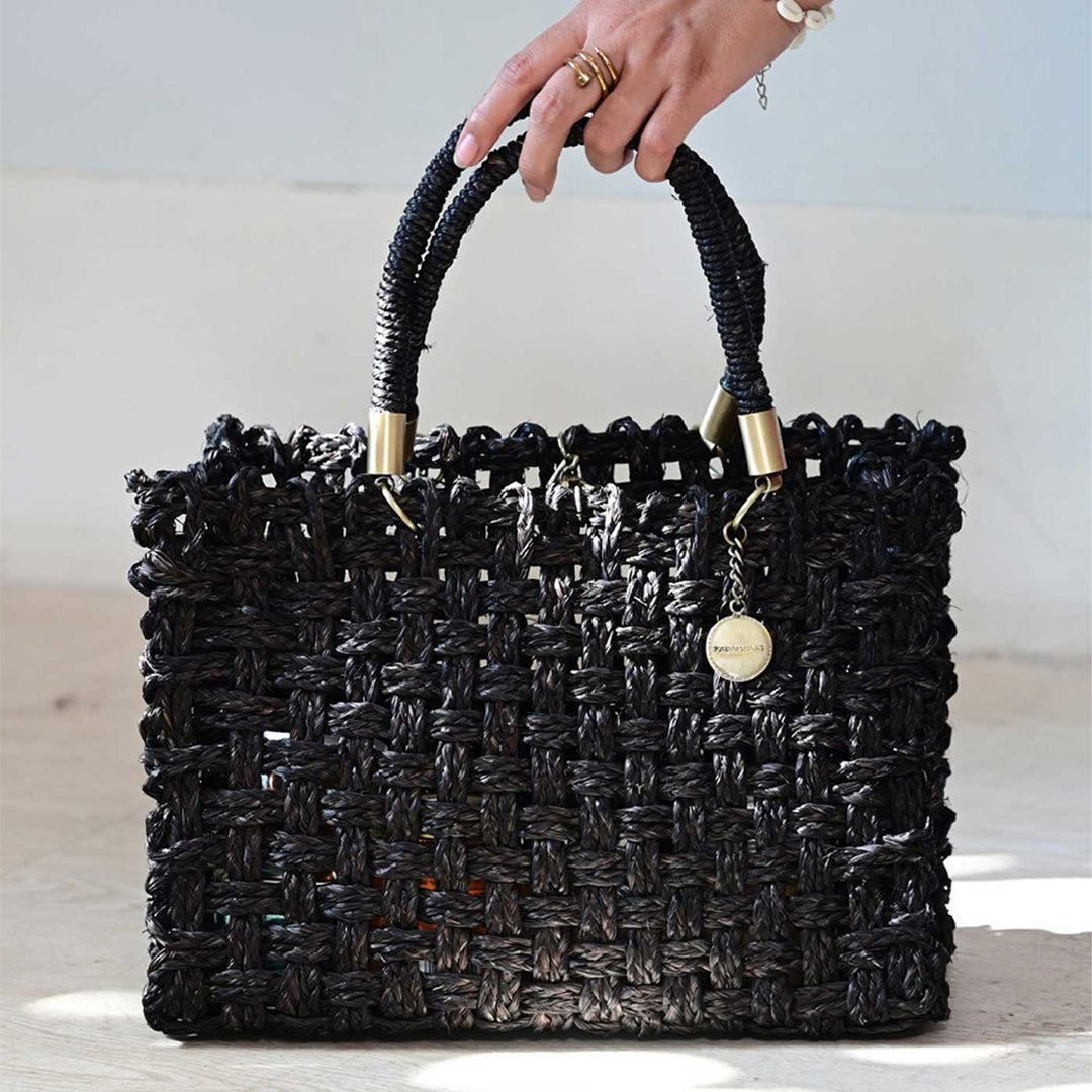 Handmade Grass Woven Vegan Wrapped Rope Handles With Metal Accents Black Sabai Mesh Handbag