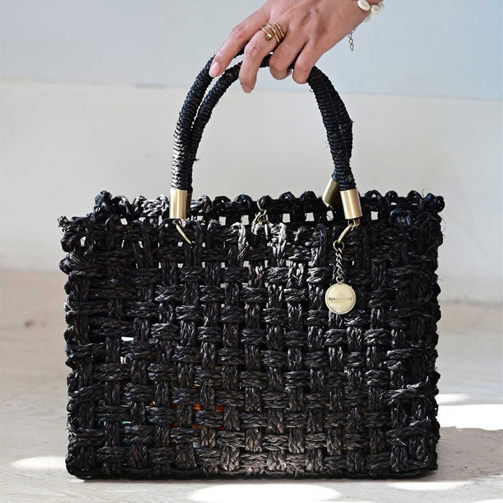 Handmade Grass Woven Vegan Wrapped Rope Handles With Metal Accents Black Sabai Mesh Handbag