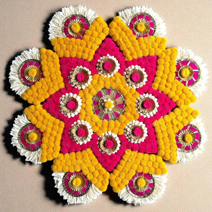 Reusable Pink & Yellow Floral Rangoli | 1 Center Piece And 8 Side Piece