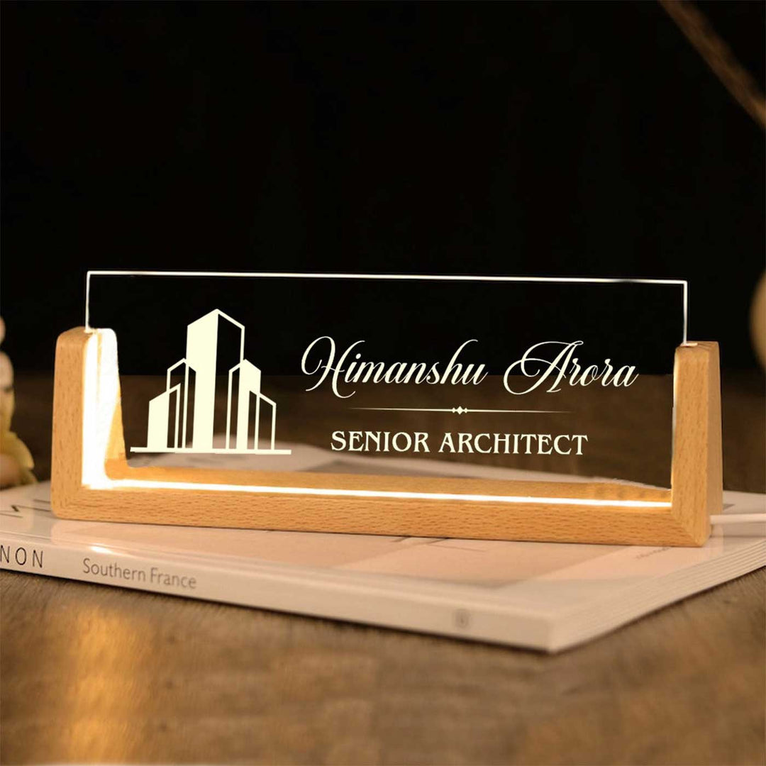 Personalized Architect Sleek Glass Desk Nameplate With Led Light - Name and Title Engraving Example
