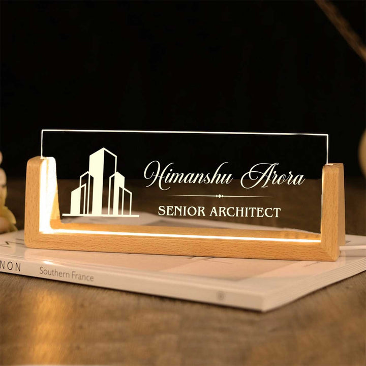 Personalized Architect Sleek Glass Desk Nameplate With Led Light - Name and Title Engraving Example