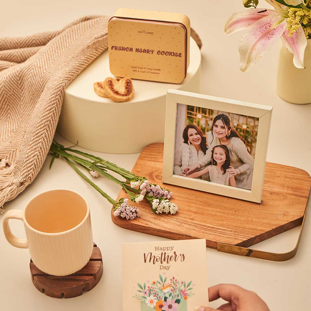 Photo Personalized Sweet Like Maa Gift Box | Includes 1 Ivory Photo Frame, 1 French Heart Cookies Tin, 1 Ribbed & Glazed Ceramic Mug, 1 Mother’s Day Postcard, 1 Chic Circular Gift Box