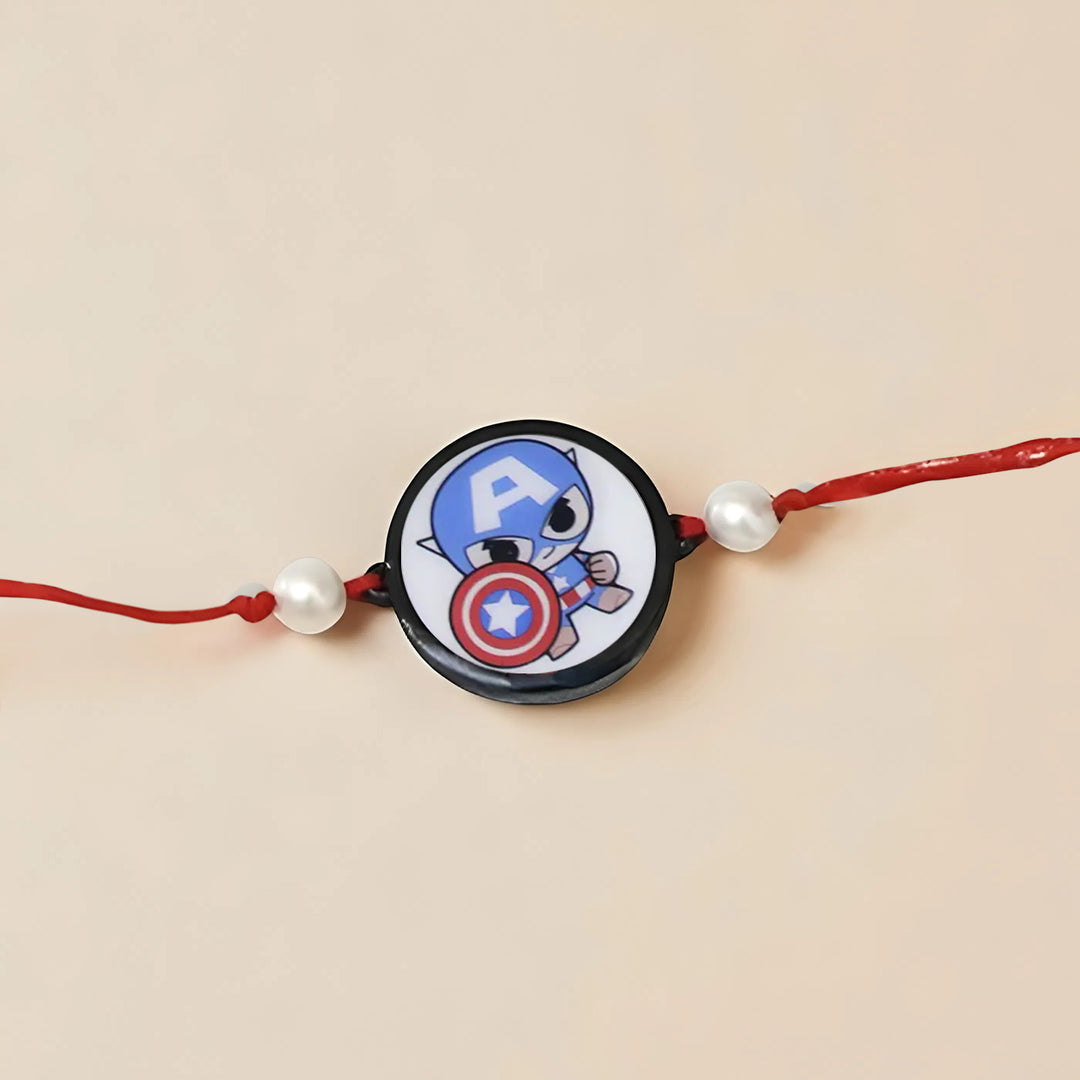 Handmade Captain America Theme Kids Rakhi With Roli Chawal