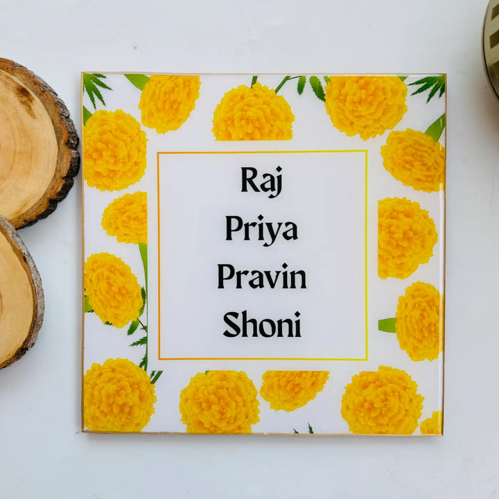 Yellow Marigold Personalized Framed Square Resin Name Plate