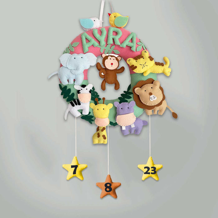 Personalized Felt Jungle Theme Kids Name Plate 2 - Front View Hanging Display