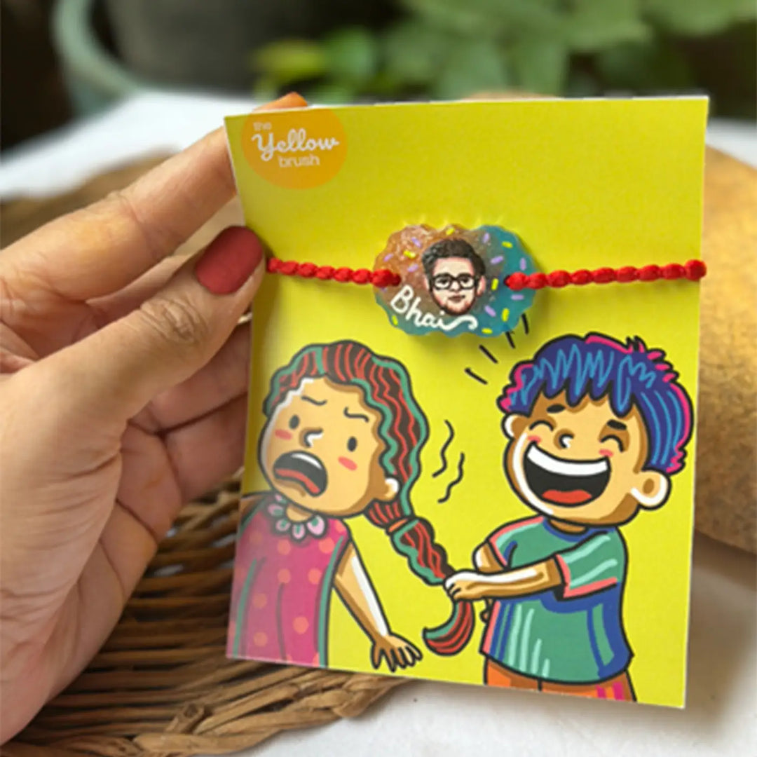 Photo Personalized Hand-Painted Pop Art Illustrated Caricature Rakhi Hamper | Includes 1 Mug, 1 Rakhi