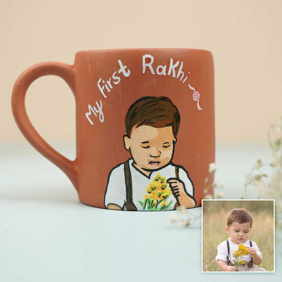 Photo Personalized Handmade My First Rakhi Hamper Includes 1 Mug 1 Rakhi - Front View with Child Illustration