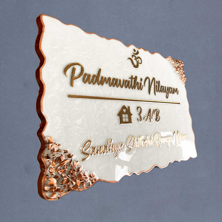 Personalized Pearl White Swirl Design Resin Name Plate - Angled Side View Showing Depth