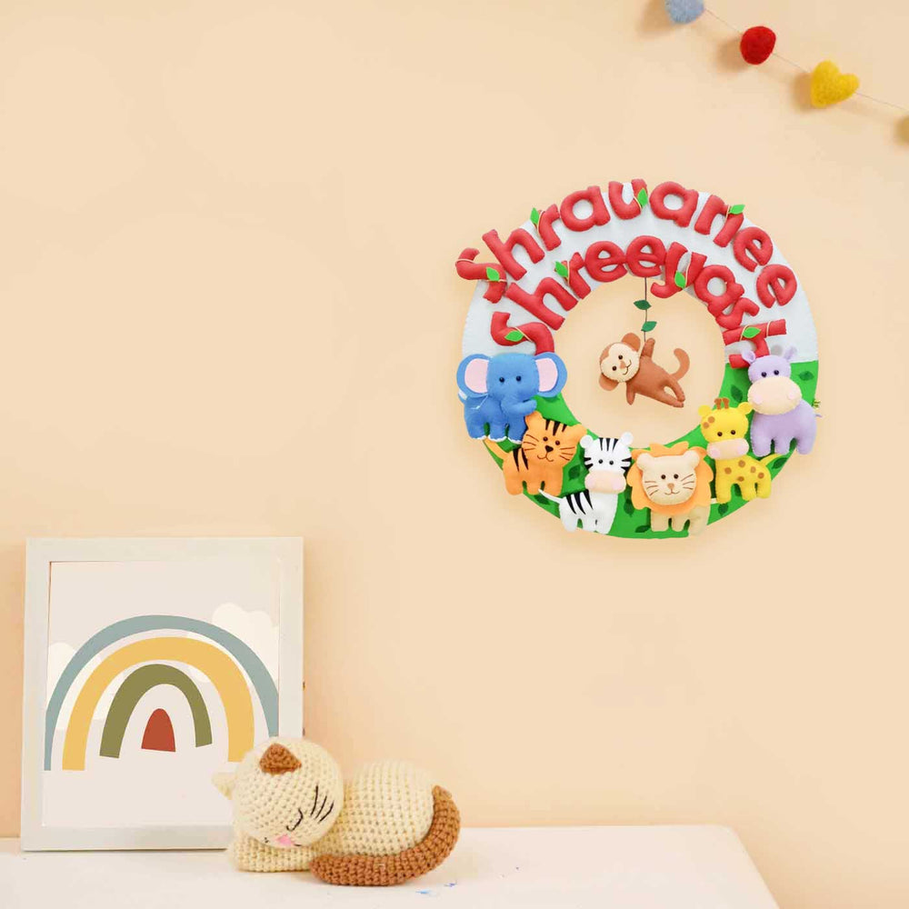 Personalized Jungle Theme Felt Kids Name Plate For Siblings - Mounted on Wall with Decor Context