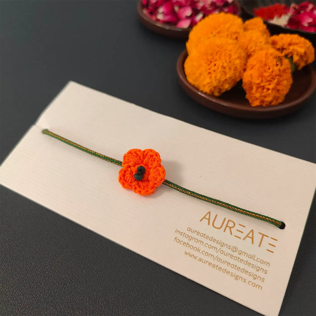 Handmade Crochet Flower Rakhi With Roli Chawal