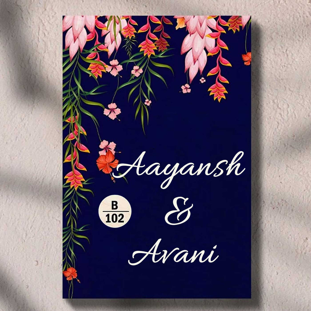 Printed Dark Blue Spring Floral Wooden Vertical Nameplate - Front View Showing Personalization