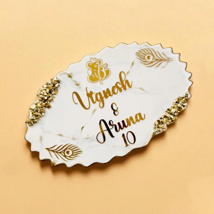 White & Gold Personalized Marble Effect Oval Resin Name Plate | With 3D Acrylic Letters & Gold Stone Embellishment