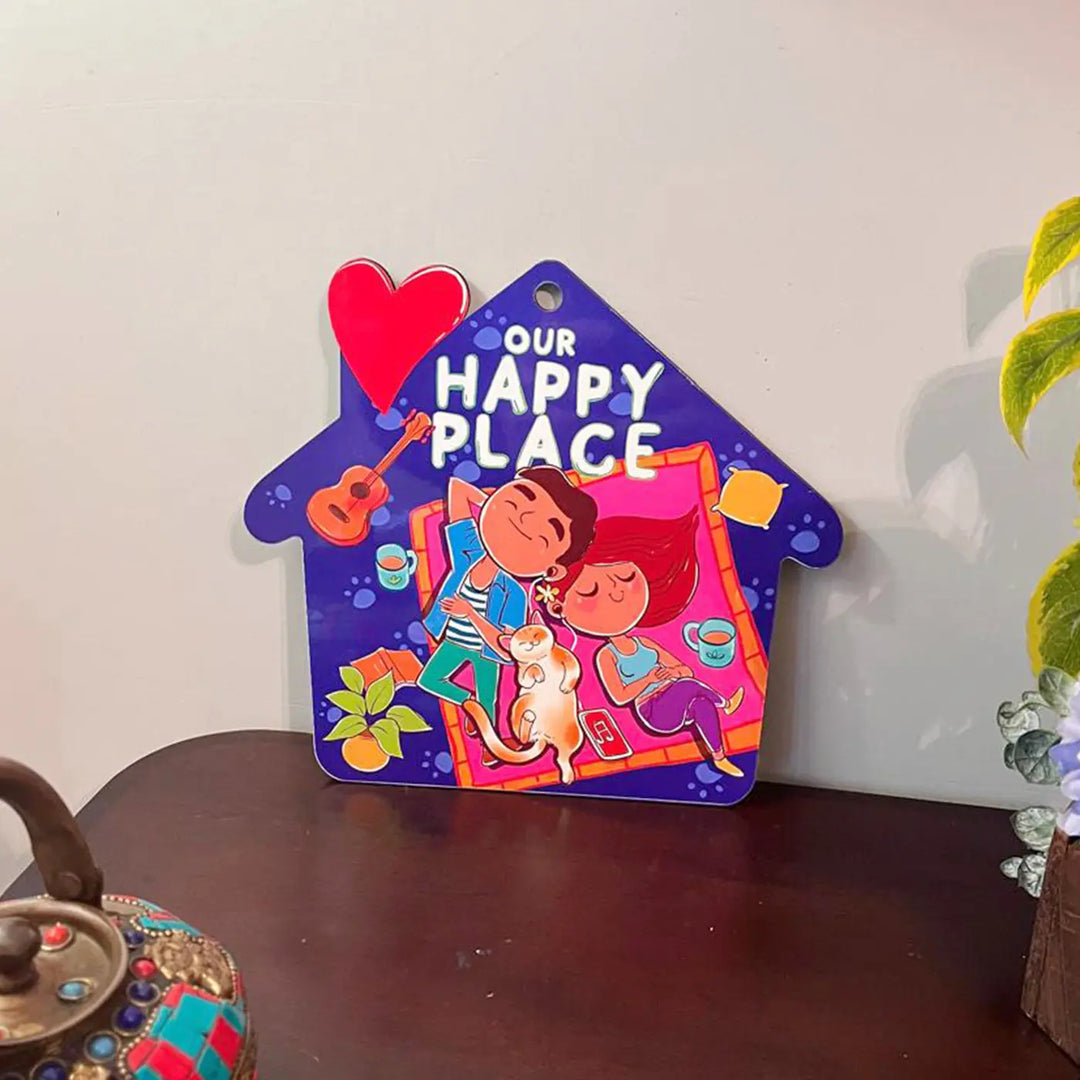 Printed Cat Theme "Our Happy Place" MDF Wood Wall Decor