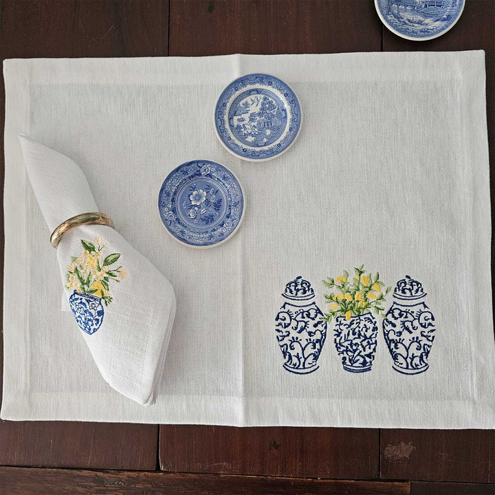 4 Pc | Embroidered White & Blue Pottery Cotton Table Mat