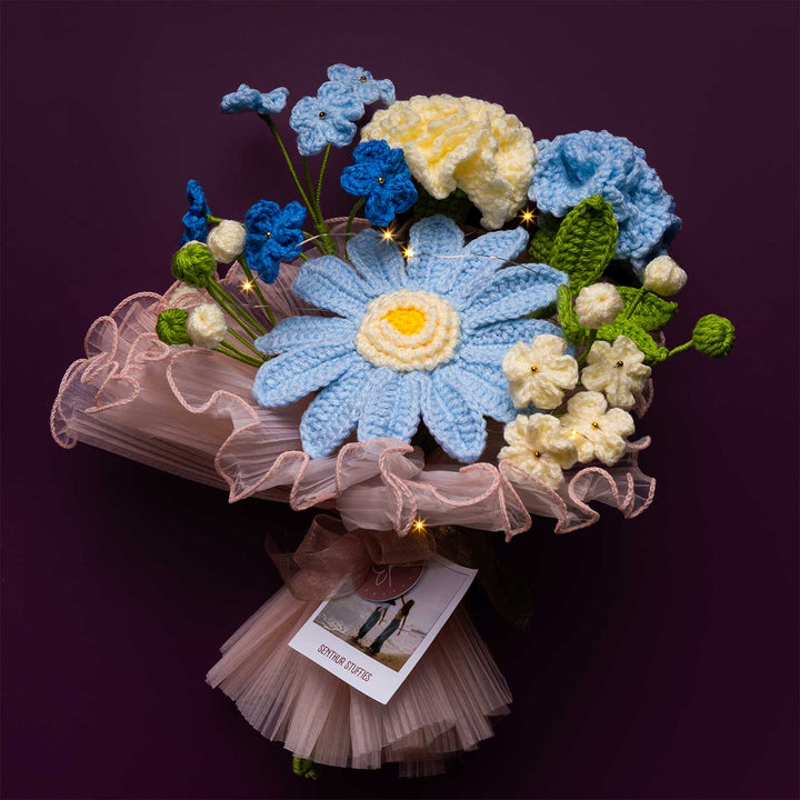 Handmade Crochet Under Quiet Sky Flower Bouquet With Lights | Includes Photo & Greeting Card