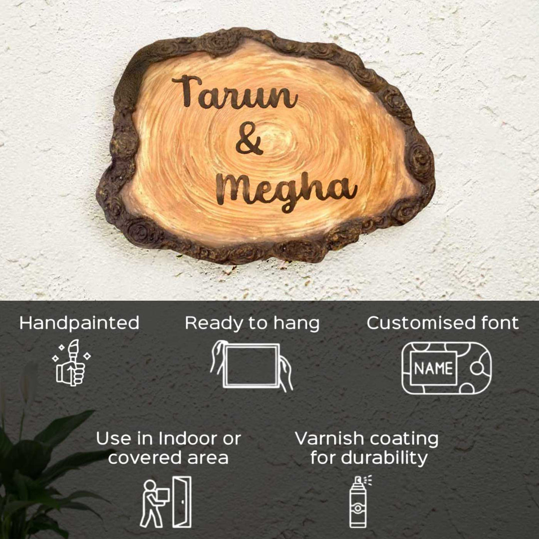 Personalized Natural Bark Theme Mdf Wood Name Plate - Front View Hanging on Wall