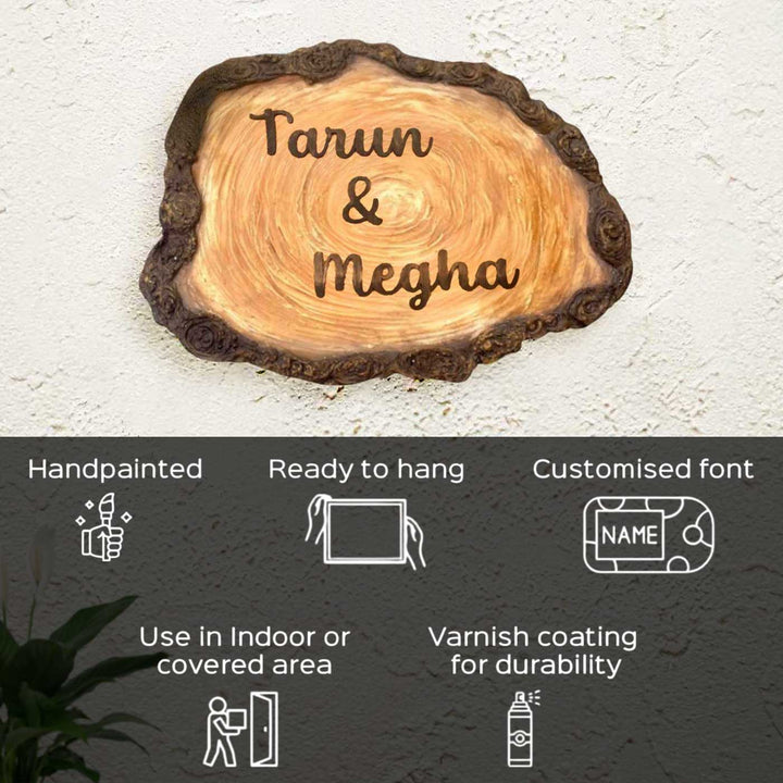Personalized Natural Bark Theme Mdf Wood Name Plate - Front View Hanging on Wall