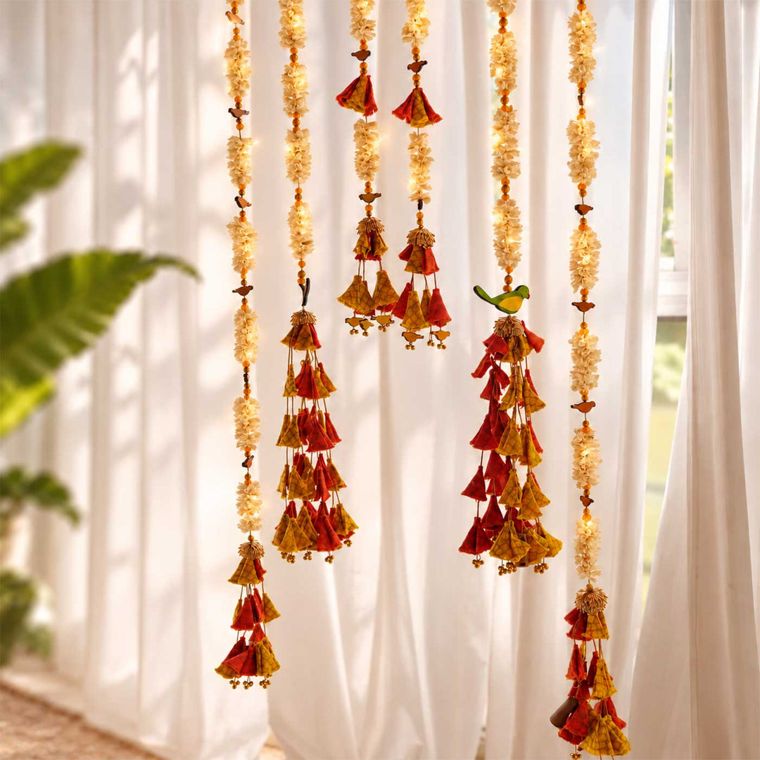 6 Pc | Handmade Parandi Bird Jute Wall Hanging Strings in Different Lengths With LED Lights & Shola Accents