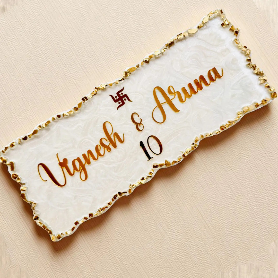 White & Gold Personalized Marble Effect Rectangle Resin Name Plate | With 3D Acrylic Letters & Gold Stone Embellishment