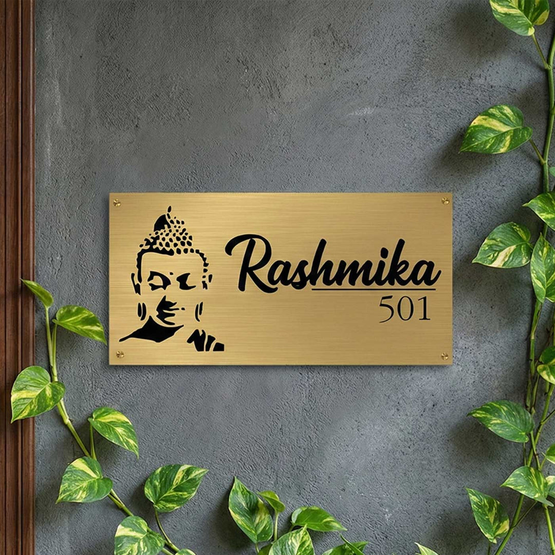 Buddha Engraved Personalized Golden Metal Name Plate | Weather Proof, Glossy Mirror Finish