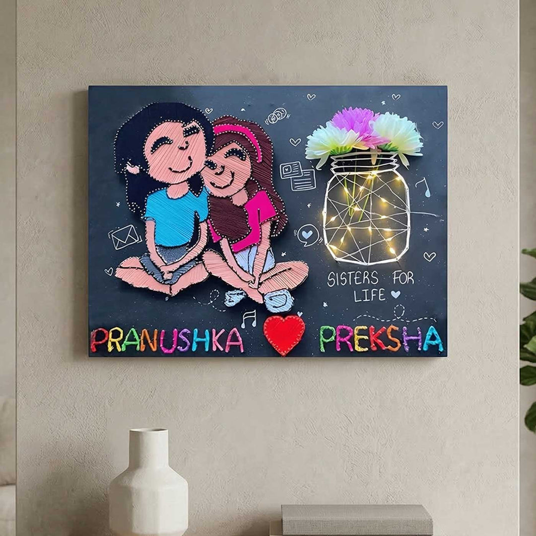 Photo Personalized String Art Cute Sisters Wooden Name Plate