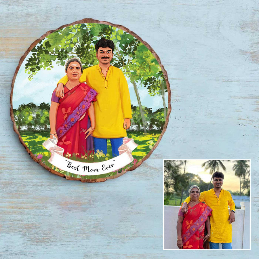 Photo Caricature Bark Nameplate With Stand Copy 5 - Front View with Personalization Example