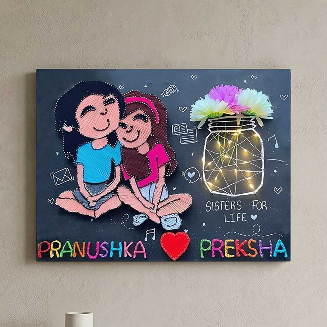 Photo Personalized String Art Cute Sisters Wooden Name Plate