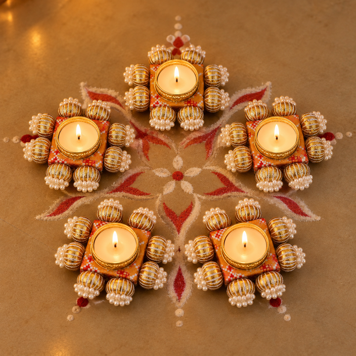 5 Pc | Handcrafted Reversible Gota Patti & Patola Print Square Tealight Holder With Pearl Beads