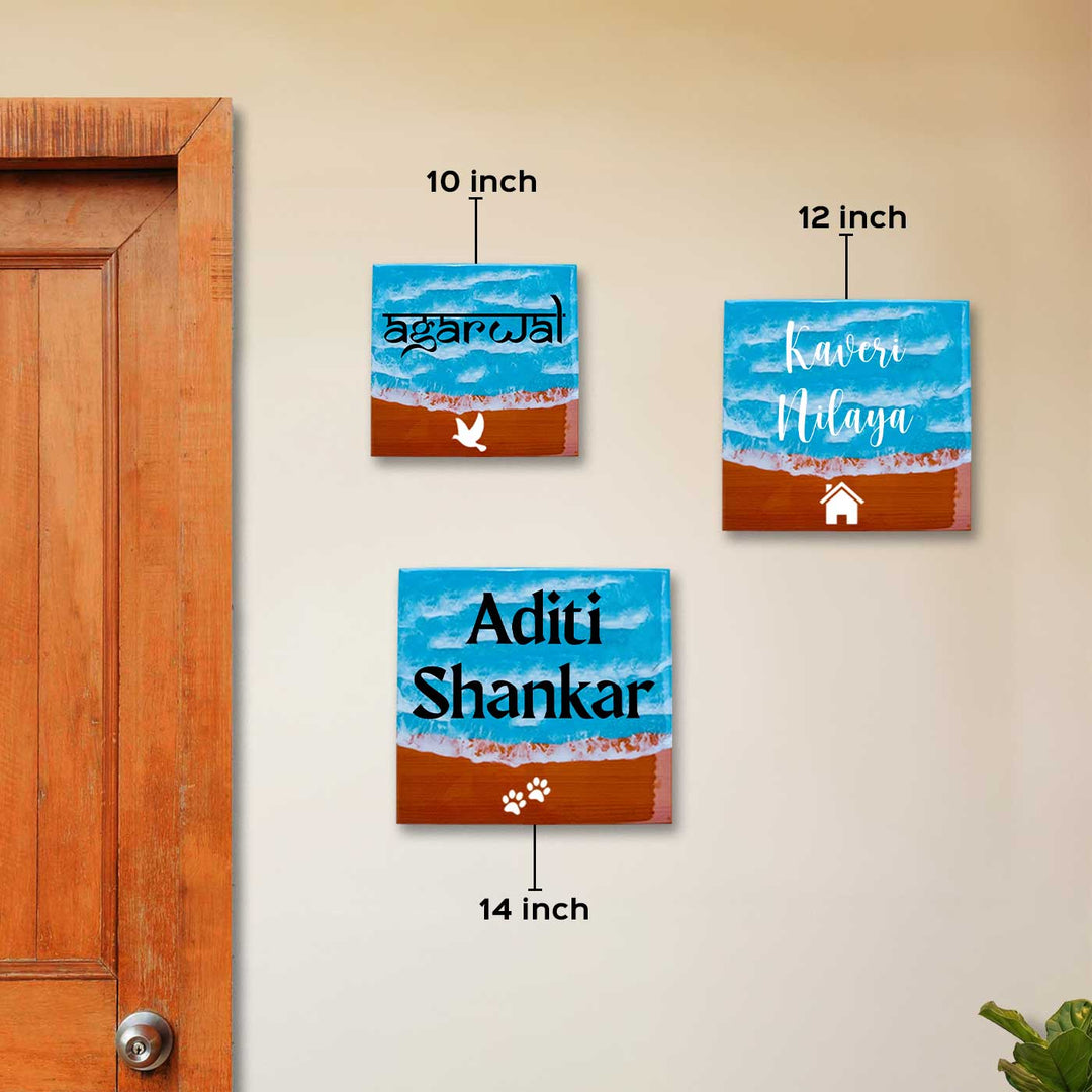 Light Blue & Red Personalized Beach Effect Rectangle Resin Name Plate | With 3D Acrylic Letters
