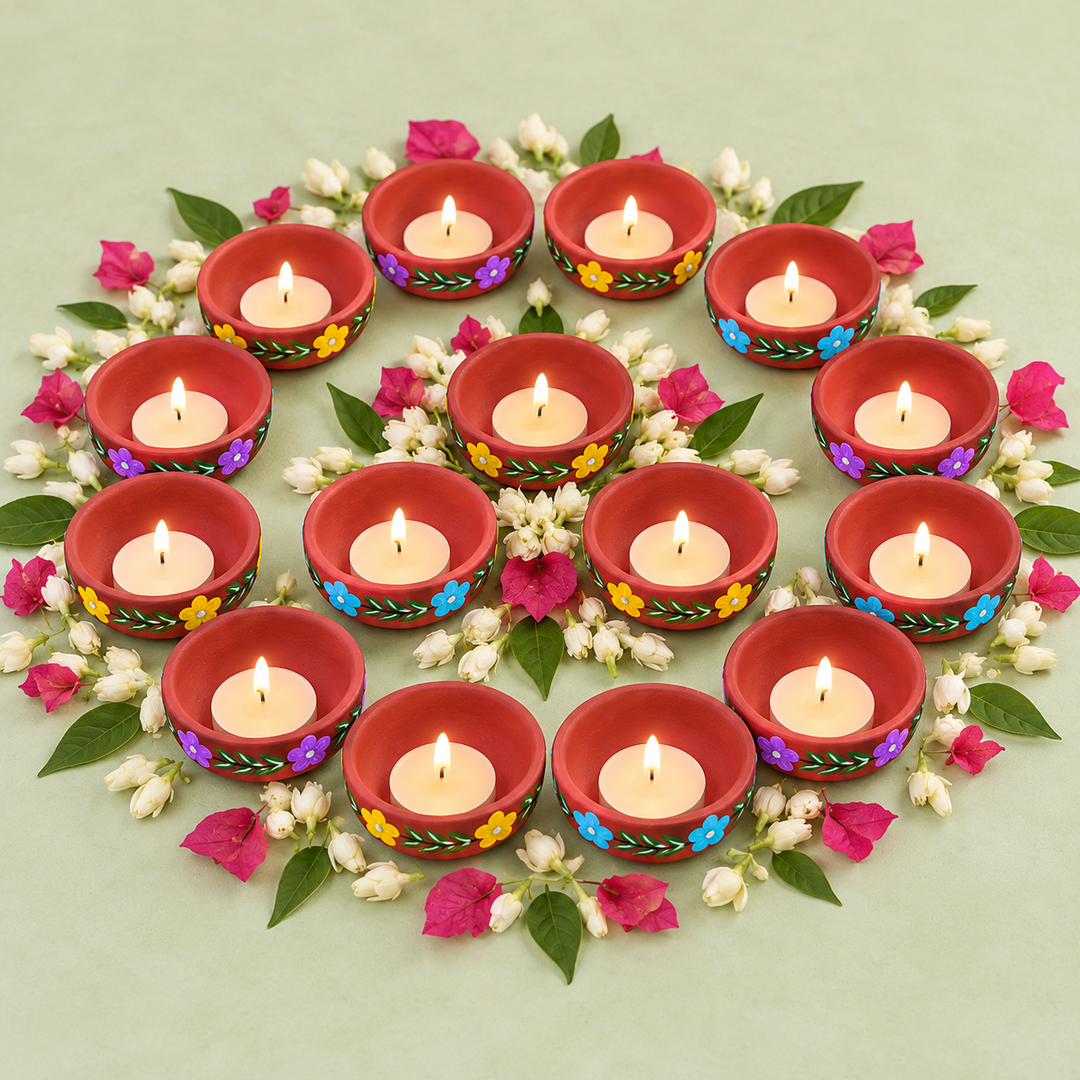 16 Pc | Hand-Painted Phoolwari Floral Vine Terracotta Tealight Holders With Tealights For Festive Decor