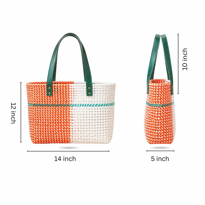 "Anand" Tricolour Colour Block Handmade Wire Koodai Tote Bag With Crochet Marigold Charm