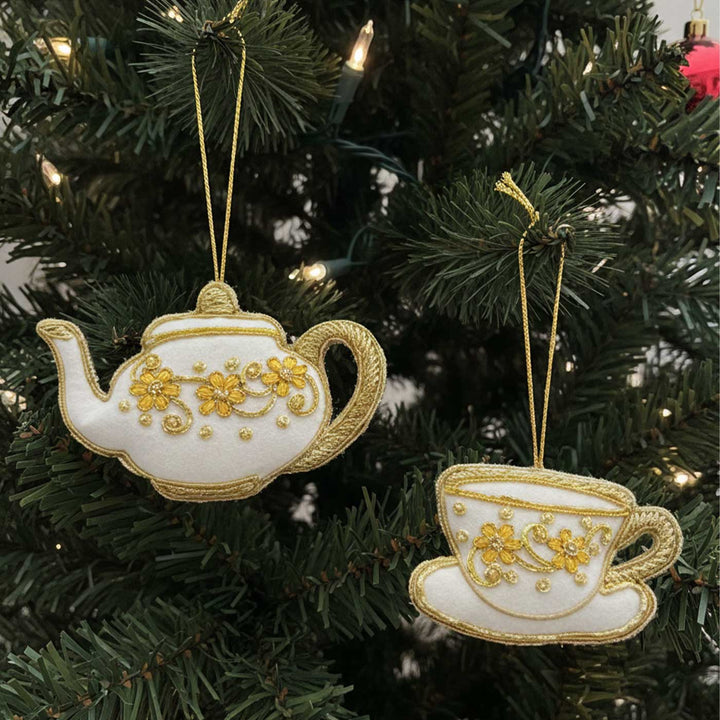 2 Pc | White And Gold Tea Set Cotton Premium Zardozi Ornament