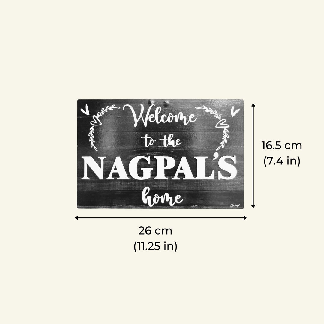 Personalized Printed Welcome To Our Home Mdf Wood Name Plate With 3D Letters - Front View with Dimensions