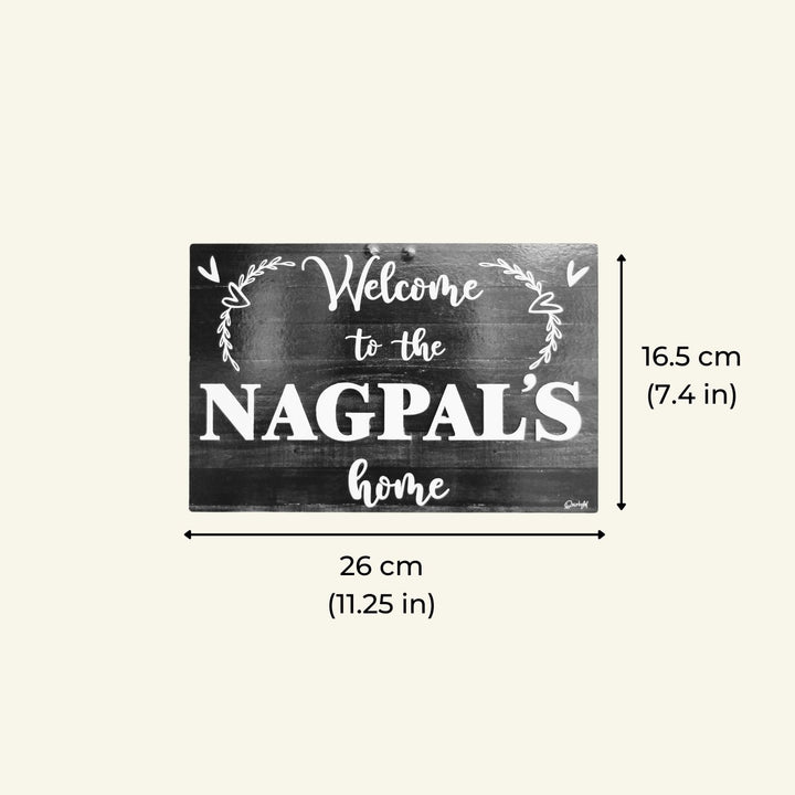 Personalized Printed Welcome To Our Home Mdf Wood Name Plate With 3D Letters - Front View with Dimensions