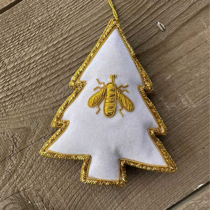 White Christmas Tree With Bee Premium Zardozi Ornament