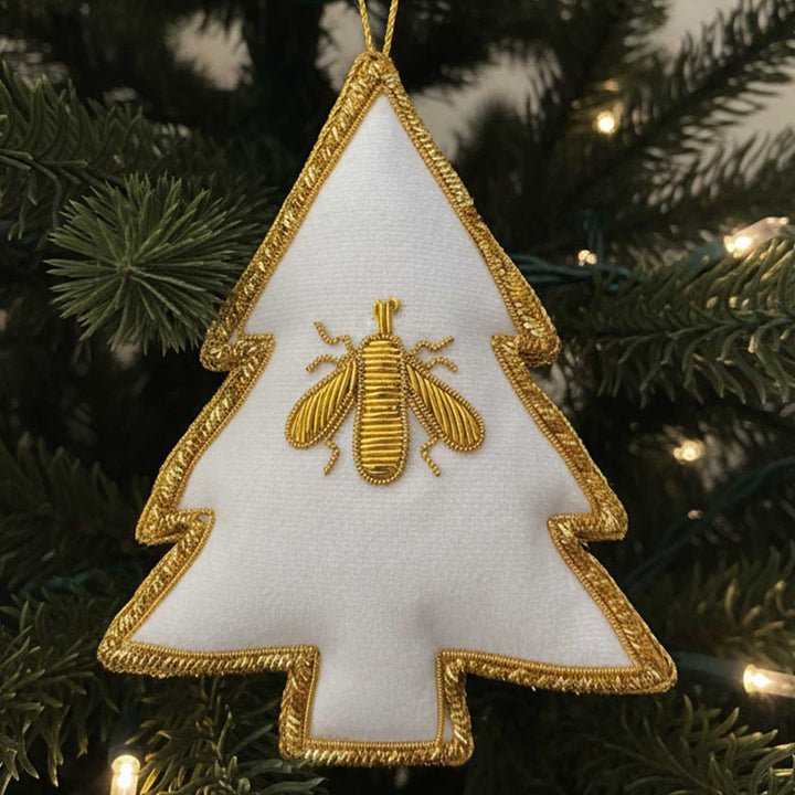 White Christmas Tree With Bee Premium Zardozi Ornament