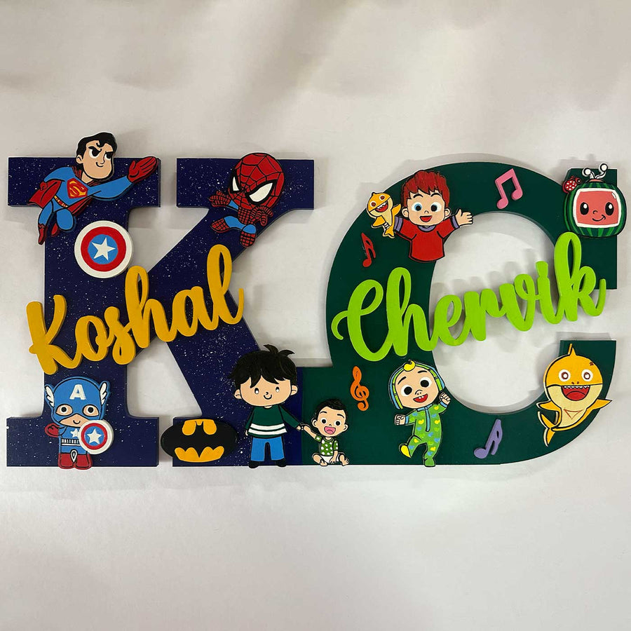10 Inch Personalized Hand Painted Superhero Cocomelon Siblings Adventure Mdf Wood Monogram With 3D Letters - Front View with Name Personalization