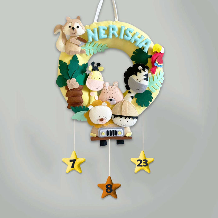Personalized Felt Jungle Theme Kids Name Plate 2 - Front View Hanging with Personalization
