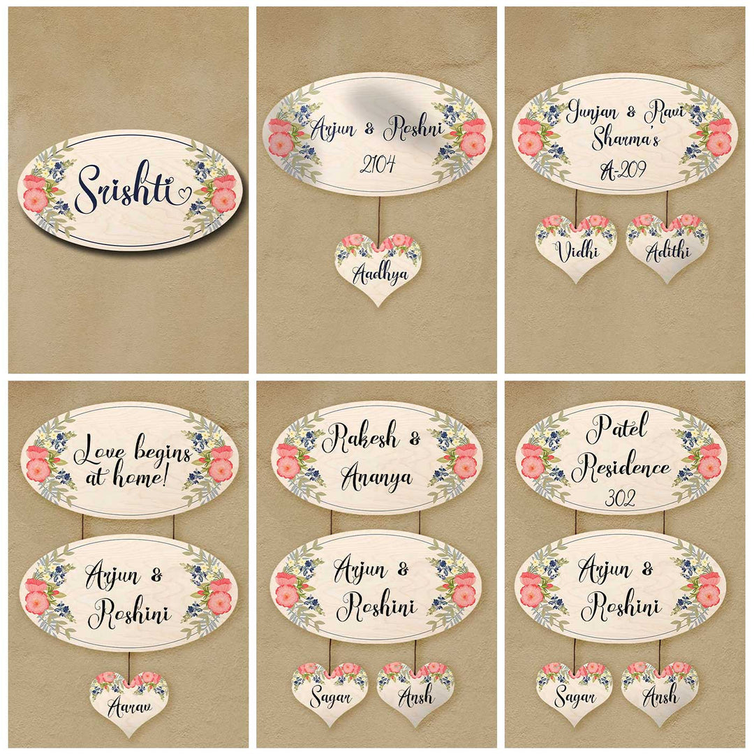 Printed White Floral Wooden Oval Nameplate For Couples - Multiple Name Personalization Examples