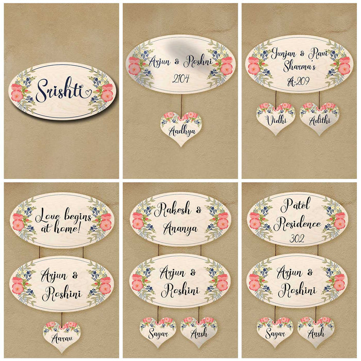 Printed White Floral Wooden Oval Nameplate For Couples - Multiple Name Personalization Examples