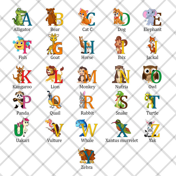 Kids Animal Theme Printed Name Plate 1 - Grid Layout of Alphabet with Animals