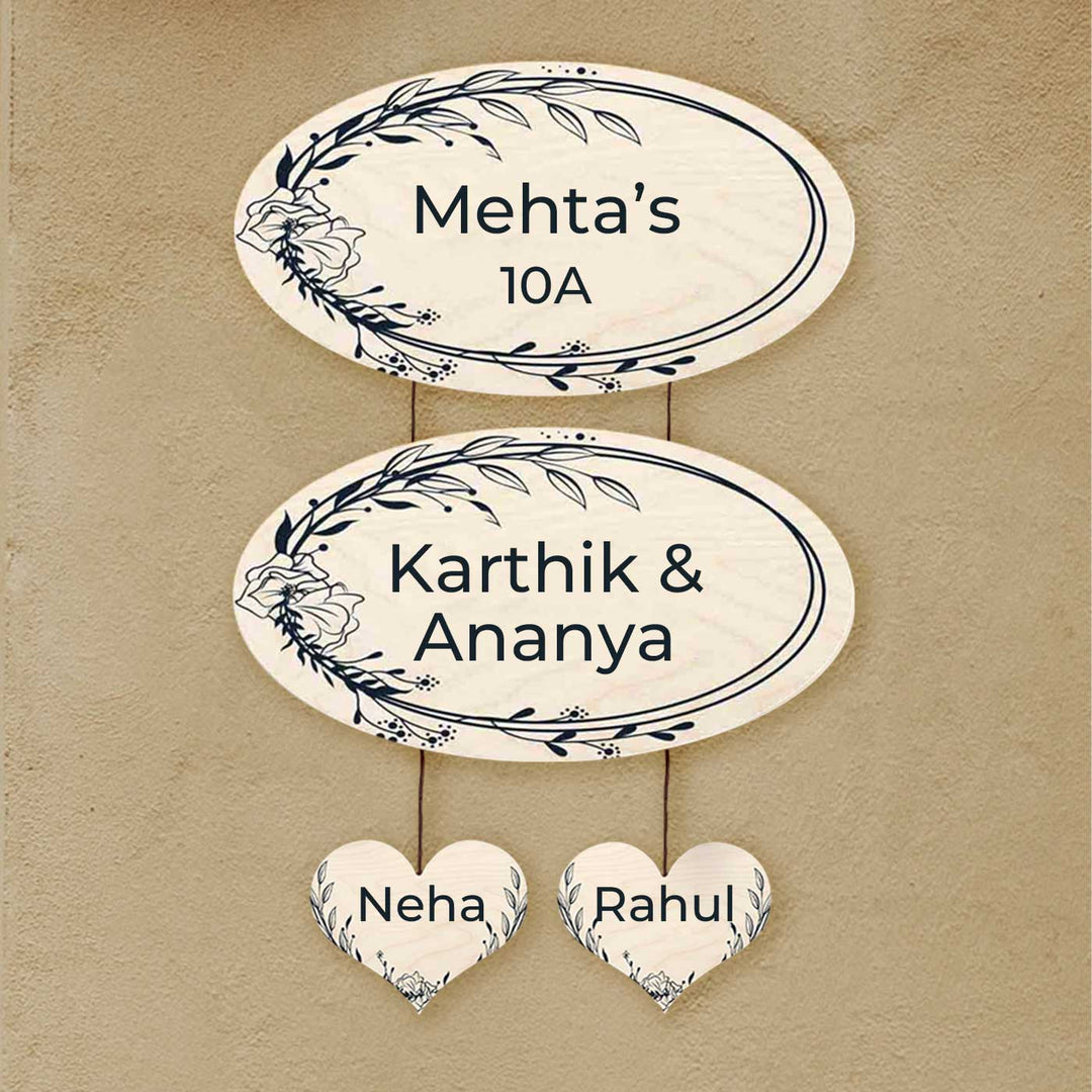 Printed Floral Wooden Oval Nameplate For Couples - Wall Hanging with Name Personalization